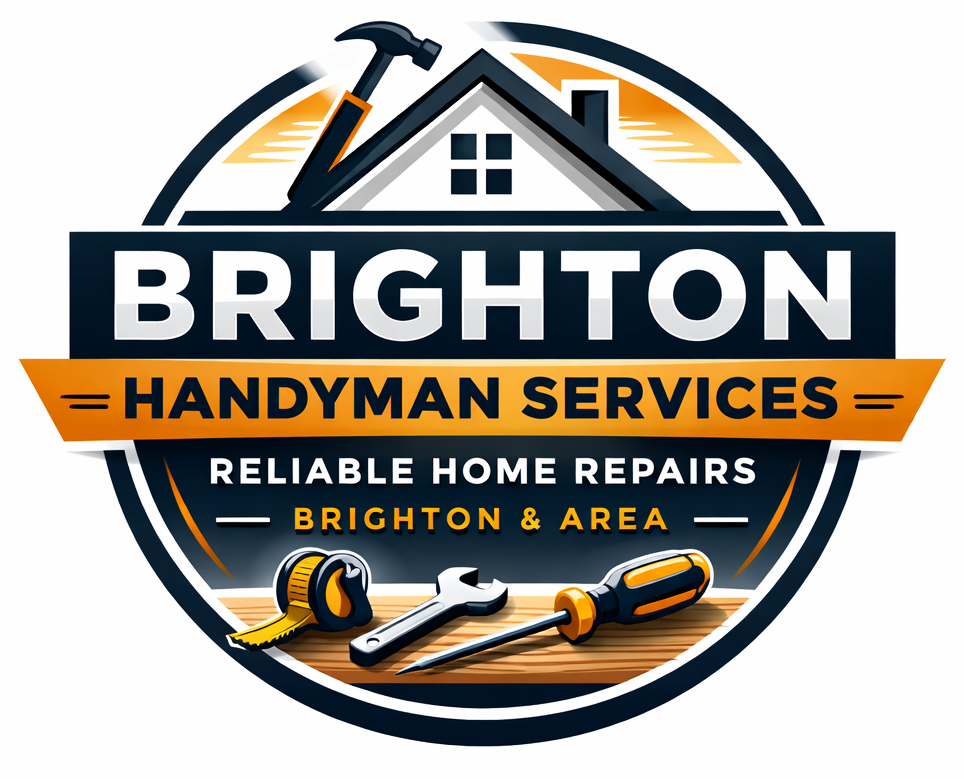 Logo for Brighton Handyman Services featuring a house roof and tools in navy and orange.